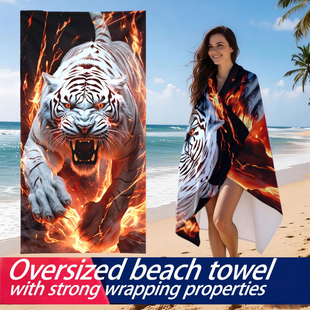 

3D Fiery White Tiger Printed Beach Towel Polyester Soft Quick Dry Large Bath Towel Summer Swimming Pool Surfing Blanket W40*H60(CM)
