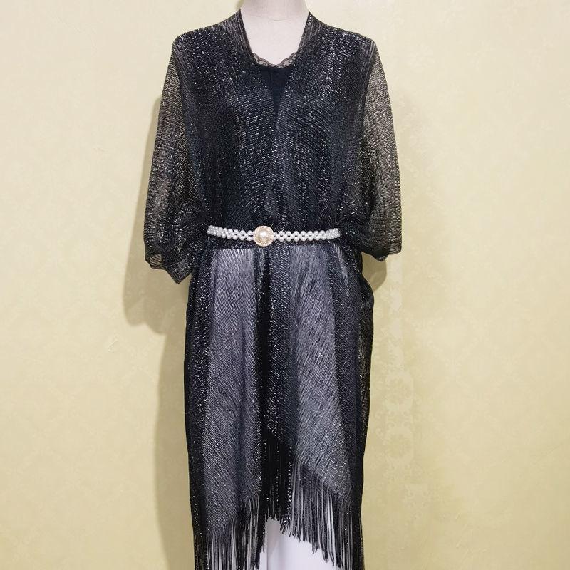 European-Style Gold Silk Split Shawl Women'S Thin Dinner Dress With Decorative Fringe Hollow-Out Sunscreen Scarf