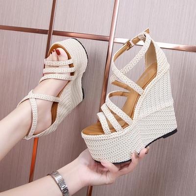 Sandali estivi con tacco alto da 16 cm, zeppe, sandali da donna con punta aperta, sandali gladiatore in pelle, alla moda, con fondo spesso da 14 cm