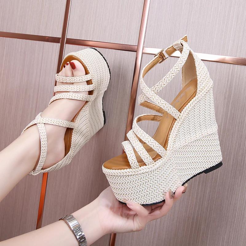 Fashion Summer 16cm High Heel Wedges Heel Sandals 14cm Fashion Thick Bottom Platform Open Toe Ladies Sandals Leather Gladiator Sandals
