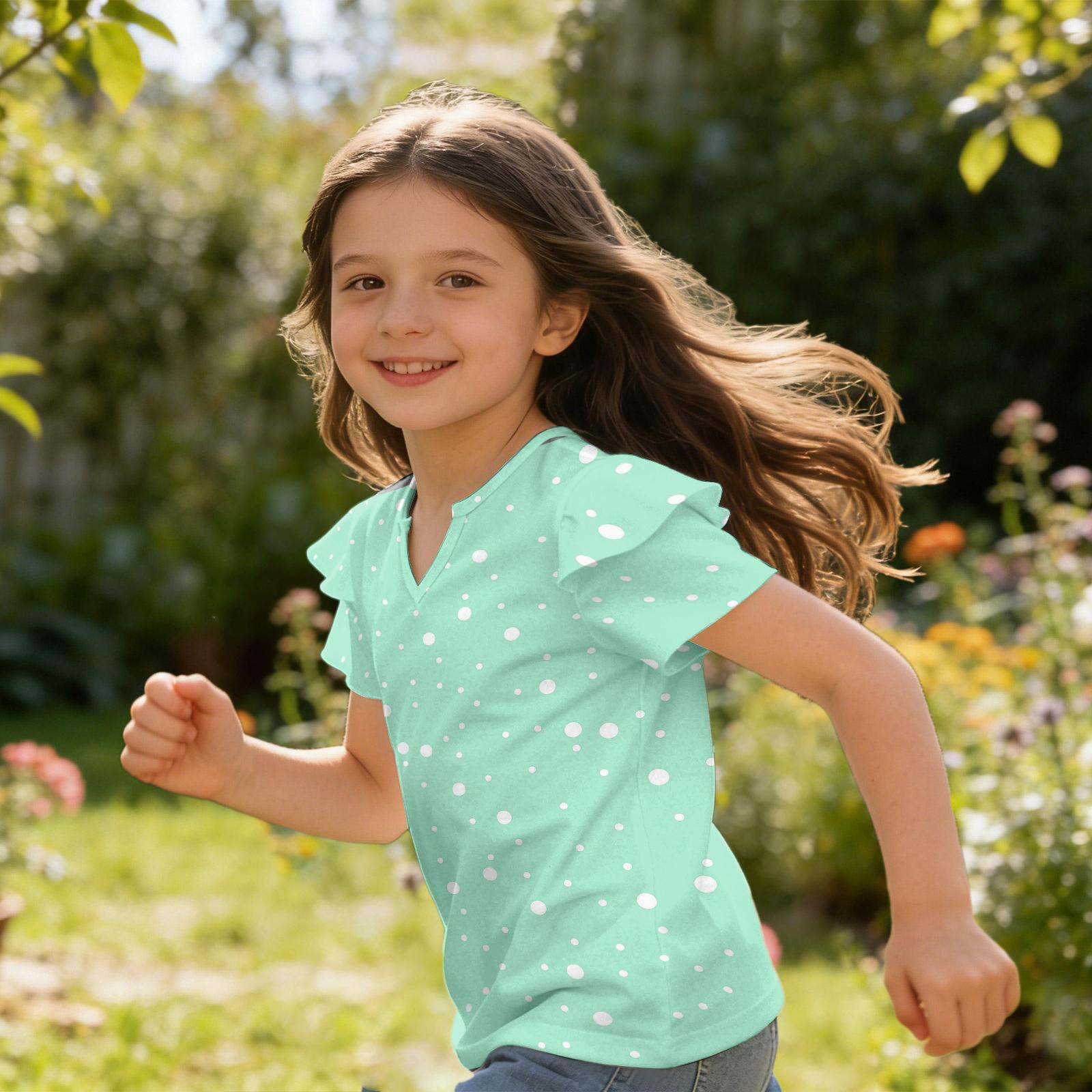 Girls  V-Neck Ruffle Tee - Short Sleeve Summer Blouse 110