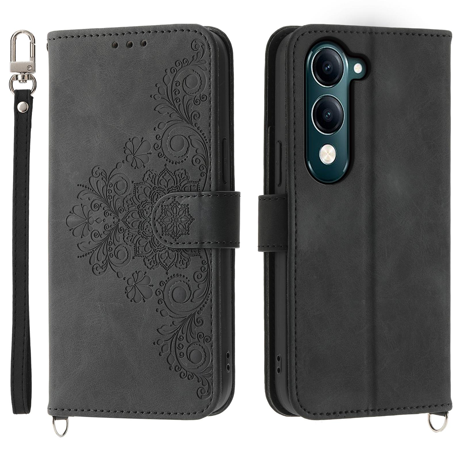 

For vivo Y04 4G/Y29s 5G Case Flower Pattern PU Leather Wallet Phone Cover with Strap Black