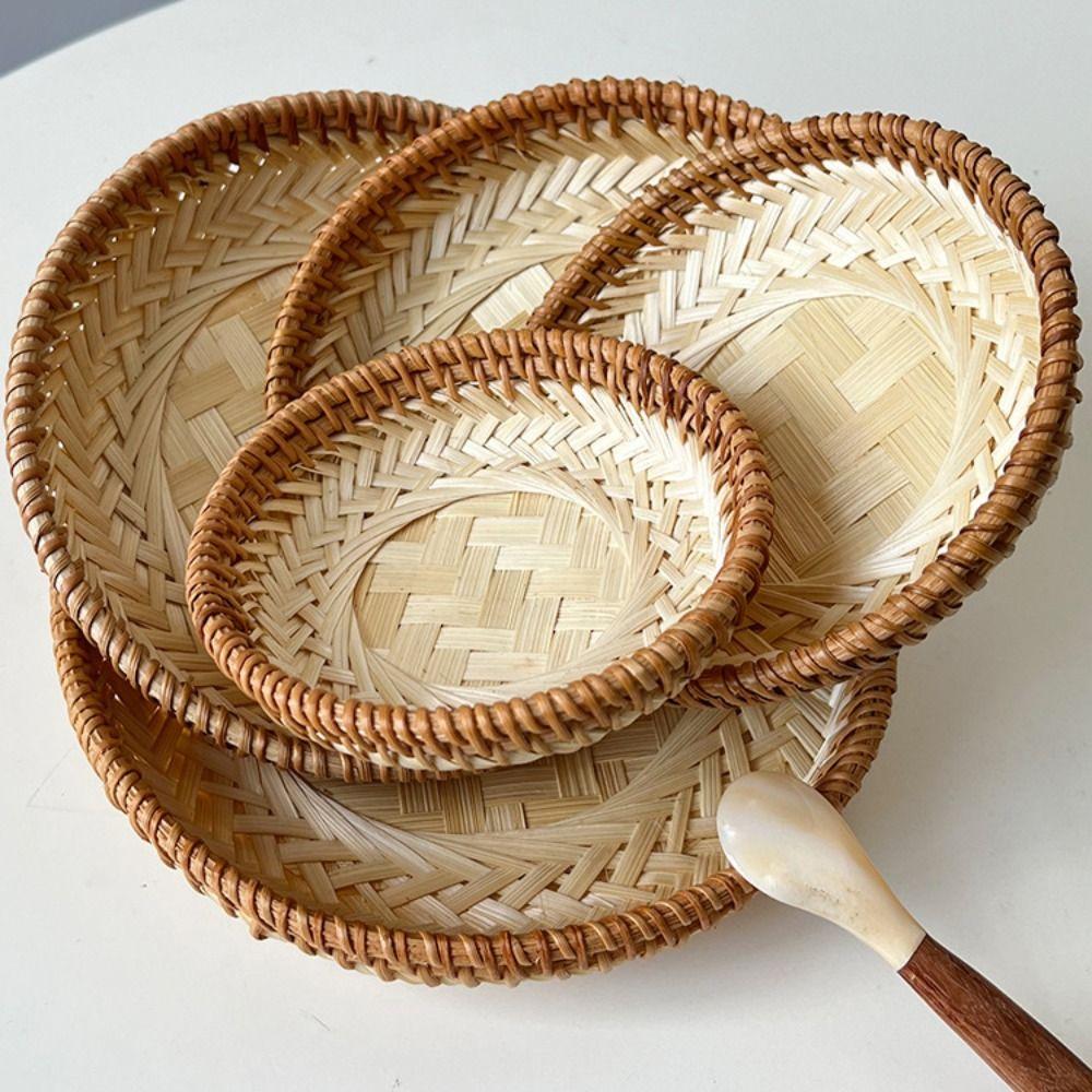 Handmade Storage Basket Bamboo Rattan Candy Plate Desktop Ornament Pastry Plate Snacks