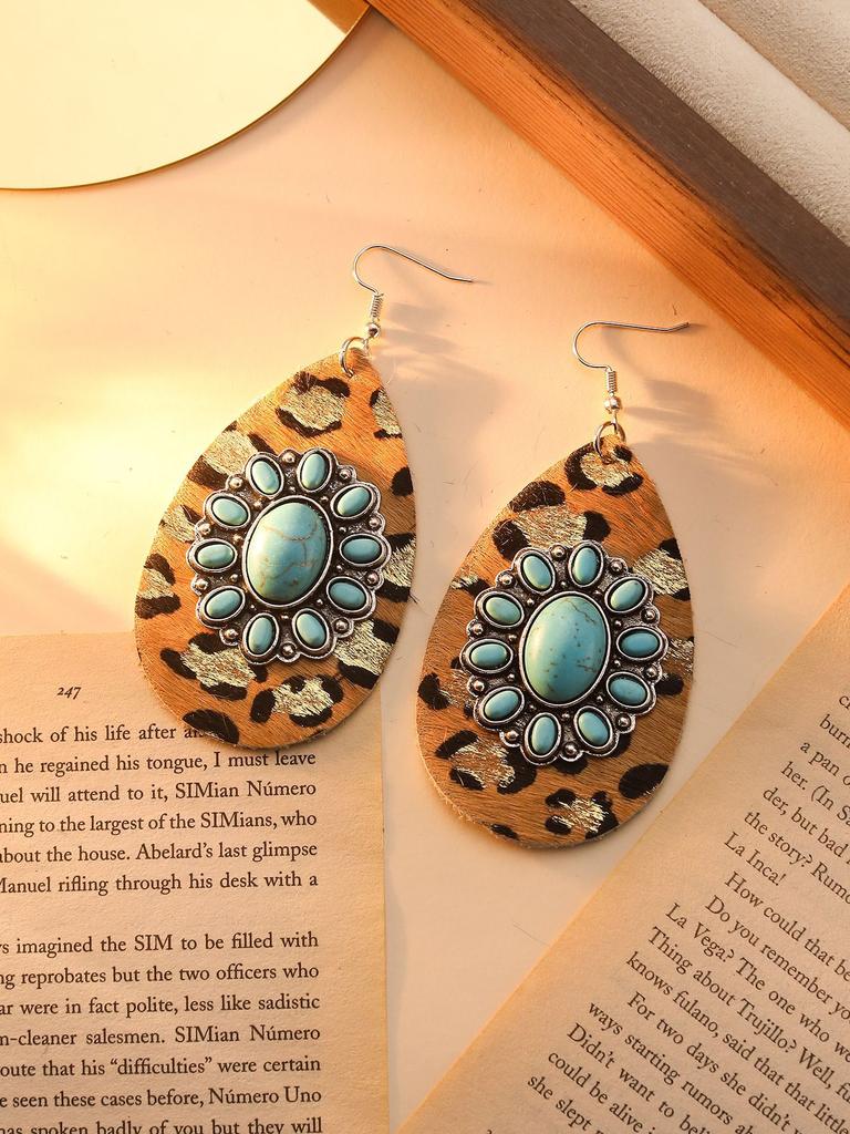 Exaggerated Metal Water Droplets Inlaid Turquoise Glass Earrings Leopard Exaggerated Personality Earrings Bohemian Retro Earrings