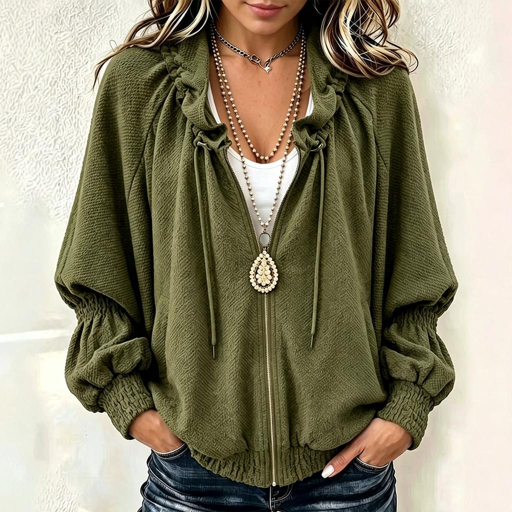 Women's Color Pleated Stand Collar Zip-Up Jacket