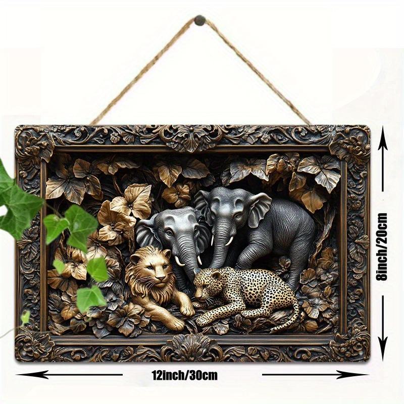 2D Flat Wooden Sign 30*20cm Vintage Elephant & Leopard Jungle Scene Wooden Wall Art Wooden Decorative Sign for Outdoor, Bathroom Decor Easy-to-Install