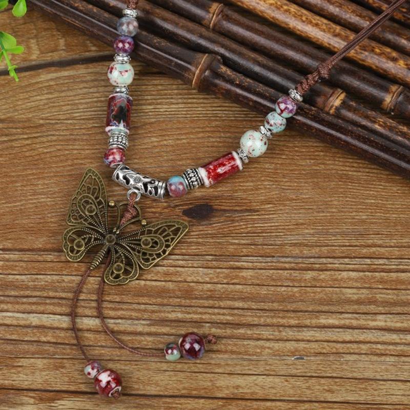 Fashion Ceramic Bead Choker Necklace Butterfly Pendant Necklace Jewelry Vintage Clavicle Chain Necklace Sweater Chain