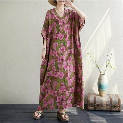 Short Sleeve Plus Size Cotton Vintage Floral New In Dresses for Women Casual Loose Maxi Long Summer Dress
