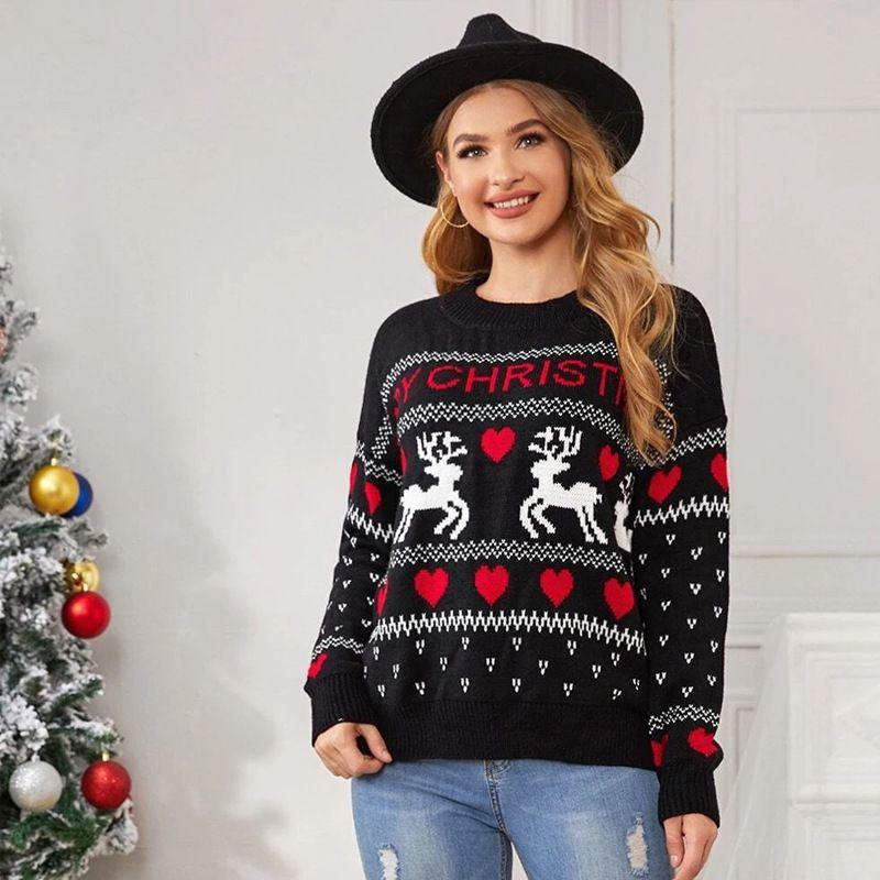 

2025 Christmas Sweater Pullover round Neck Knit Sweater White L