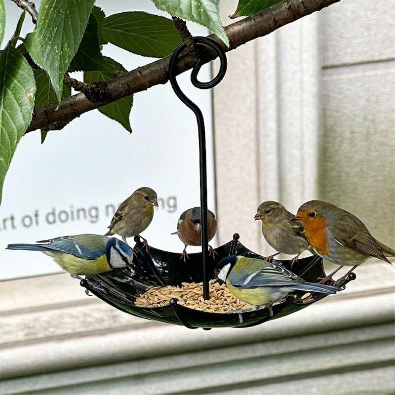 Umbrella Shaped Bird Feeder Hanging Metal Bird Food Tray Water Bowl for Garden Backyard Multi-use Birds Parrot Food Container