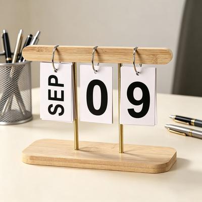 Wooden Perpetual Desk Calendar Daily Desktop Standing Flip Calendar with Day Month Display for Office Home Decor