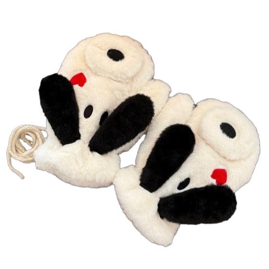Cute Plush Dog Mittens Women Men Big Ear Dog Gloves Warm Fuzzy Animal Mittens for Winter Outdoor Street Daily Errands