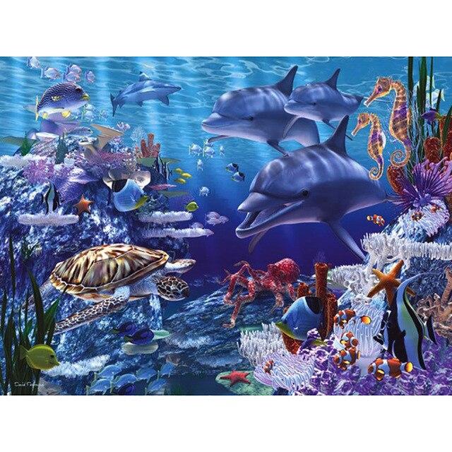 Animal Dolphins with Fish 5D Diy Diamond Painting Full Round Drill Mosaic Diamond Embroidery Rhinestones Home Decoration