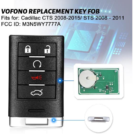Key Fob VOFONO Keyless Entry Remote Smart Replacement Compatible With Cadillac CTS 2008-2015/ STS 2008-2011 (FCC ID: M3N5WY7777A) 5 Buttons