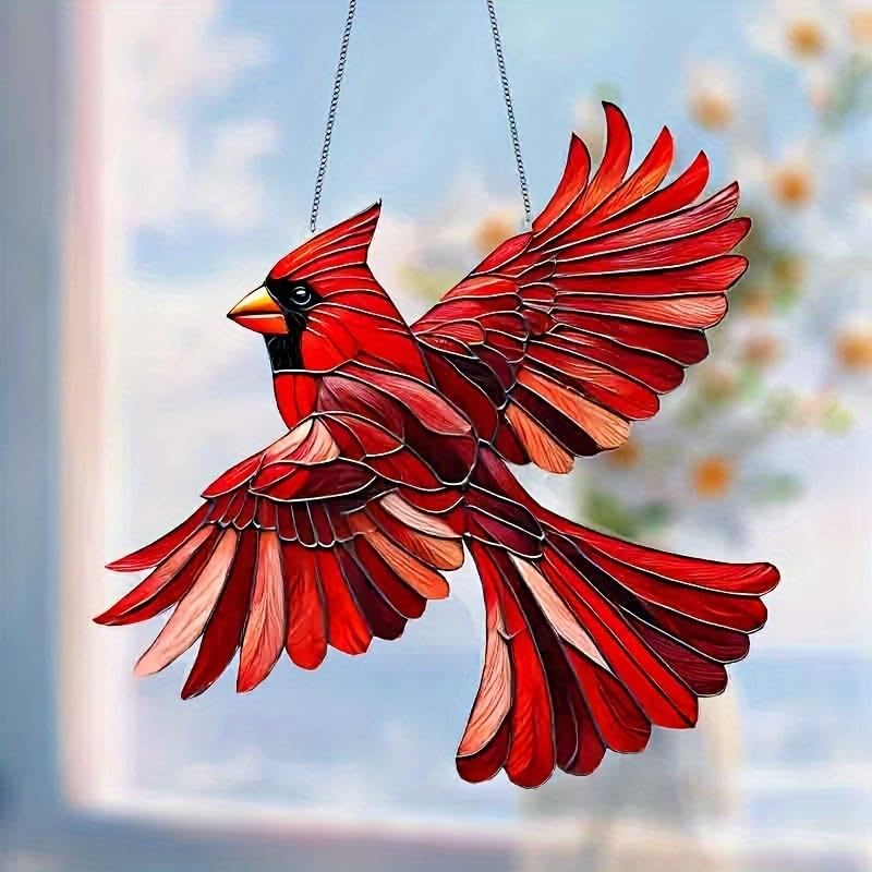 Red Hierarch Stained Window Hanging Ornament, Bird Flying Shape Garden Stained Acrylic Window Panel, Great Gift for Mom Grandma and Birds Lover for
