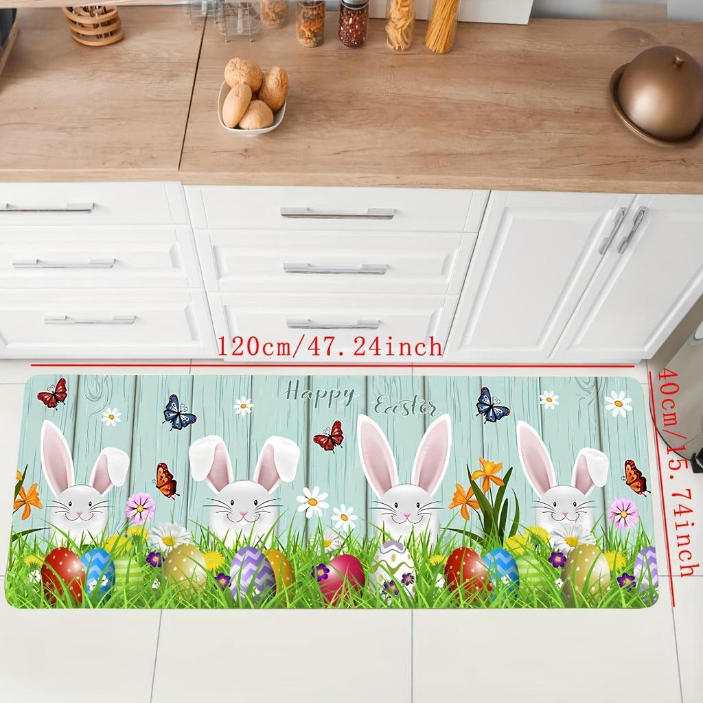1Pcs Easter Themed Kitchen Mat Soft  Cute Bunny Egg And Wood Grain Print Kitchen Floor Mat Waterproof Non-slip Oil-proof Floor Mat Runner Rug