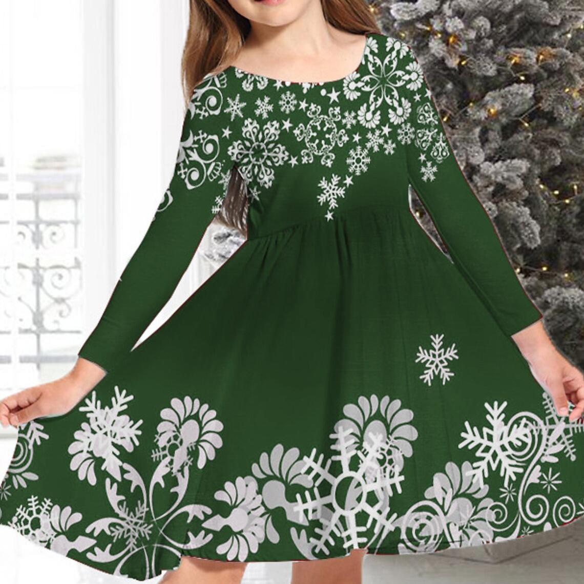 

Повсякденне плаття для весняної дівчини з 3D-принтом із червоними квітами та сніжинками з круглим вирізом і довгими рукавами, дитяче плаття принцеси 120 зелений