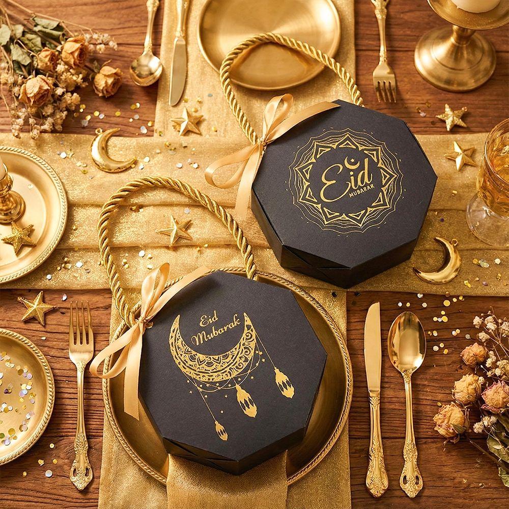 10Pcs Satin Ribbon Bow Eid and Ramadan Gift Boxes Gold Stamping Portable Ramadan Gift Box Reusable Simple Gift Packaging Bags