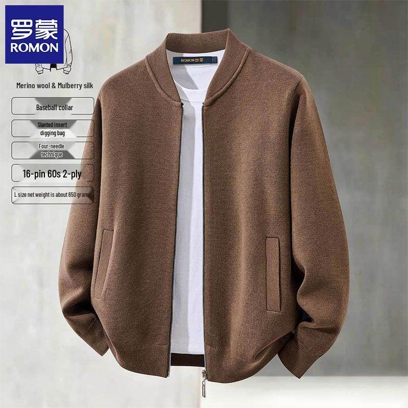 ROMON Men's Wool Silk Blend Baseball Collar Knit Cardigan
