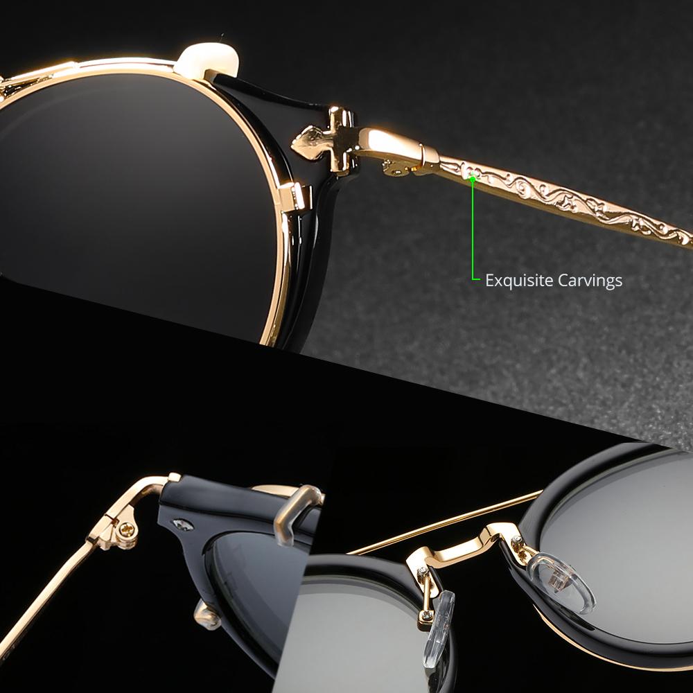 KDEAM Steampunk Clip On Sunglasses Men Round Sun Glasses Women Baroque Carved Legs All-matching Size With Box