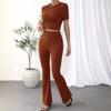 Women's Crew Neck Two Piece Knitting Set Short Sleeve Sweater Top Wide Leg Pants Lounge Sets Ribbed Knitted Casual Outfit for Spring Autumn