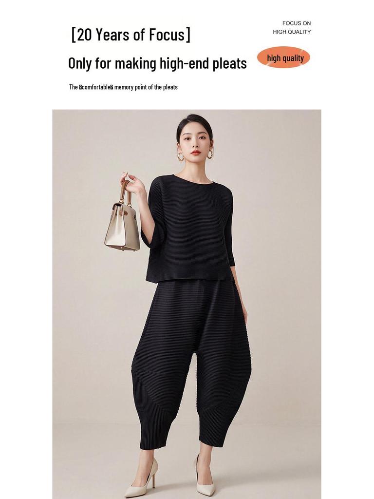 Miyake Women's High-End Flattering T-shirt & Irregular Harem Pants Two-Piece Set