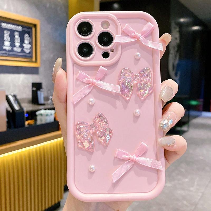 3D Bow Pearl Decorated Phone Case For iPhone 17 16 15 14 13 12 11 Pro Max 16E XS X XR 7 8 Plus SE Shockproof Silicone Soft Cover