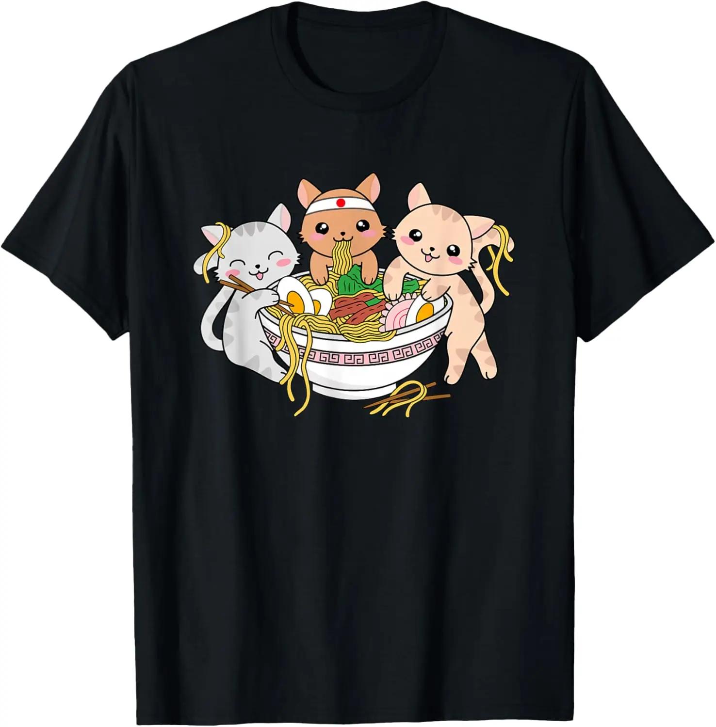 Cute Kawaii Cats Eating RaUnisex Graphic Tee Soft Cotton TShirt Japanese Food Anime Style S