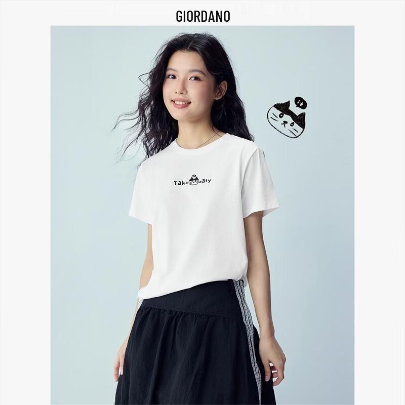 Giordano Women s Embroidered Cat Pure Cotton T-Shirt XL