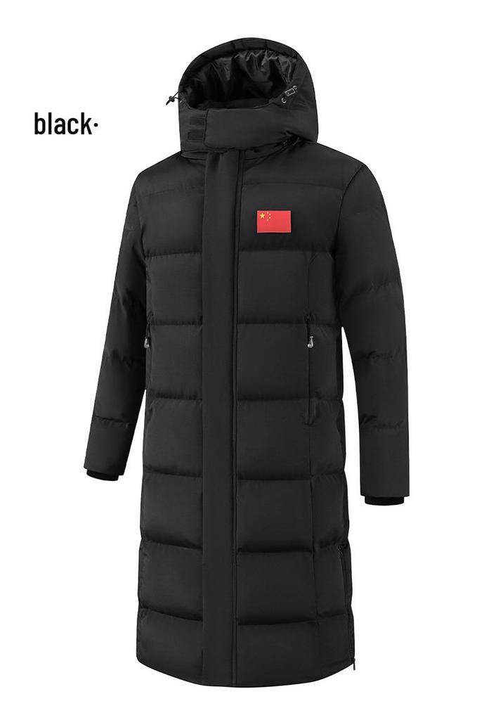 Chinese Captain Style Down Coat for Sports Students - Knee-Length, Winter Training Outerwear, National Costume-Inspired Long Robe