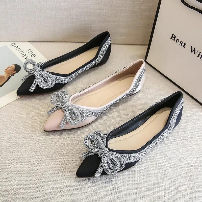 Fashion Ballet Flats Shoes for Women Fashion Rhinestones Bow Flat Footware Female Plus Size Moccasin Boat Shoes Chaussure Femme 2024