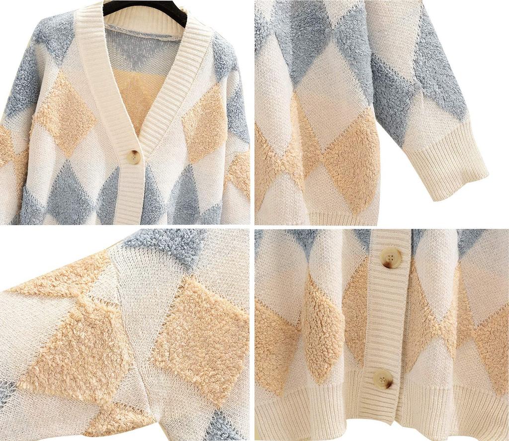 Fluffy Argyle Thick Cold Loose Free Winter Fluffy Fluffy Fluffy Autumn Boa Boa Boa Boa Boa Boa Boa Fleece Boa Fleece Long [Henri] Cardigan, Outerwear,