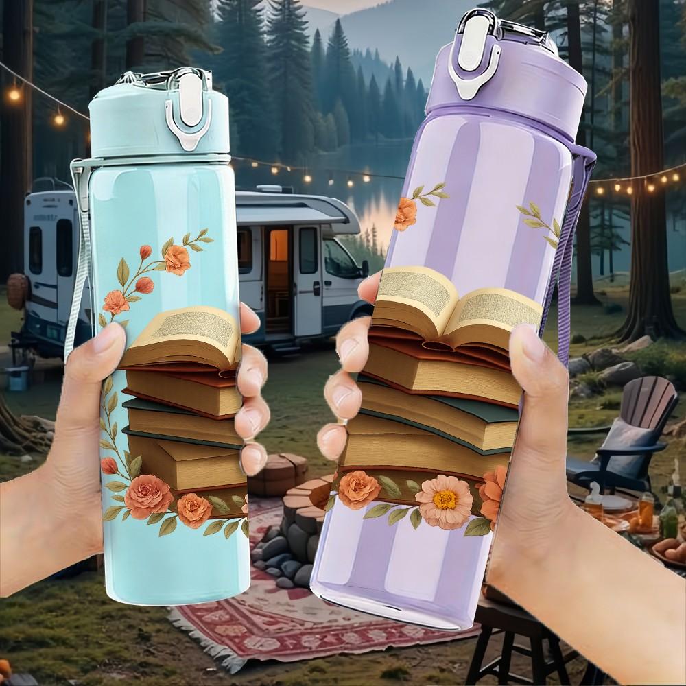 1PC Book Wreath Floral Frame Layout 750ml Color Plastic Sports Water Bottle Leakproof Flip Straw Lid For Sports Office Home Use