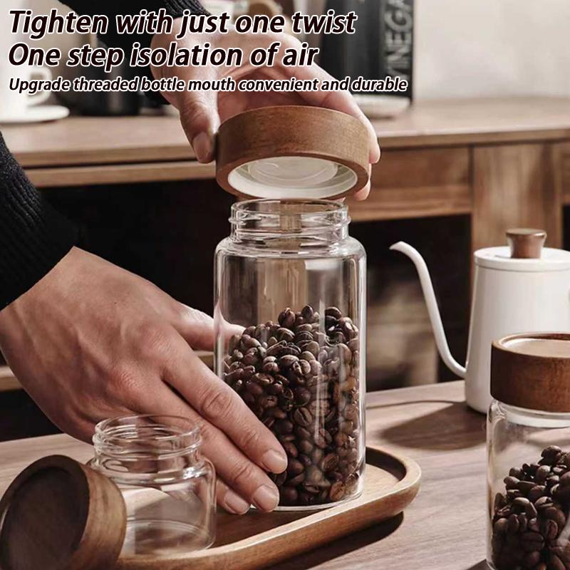 Coffee Bean Glass Sealed Jar Tea Coffee Powder Spice Sealed Storage Jar Acacia Wood Lid Glass Jar