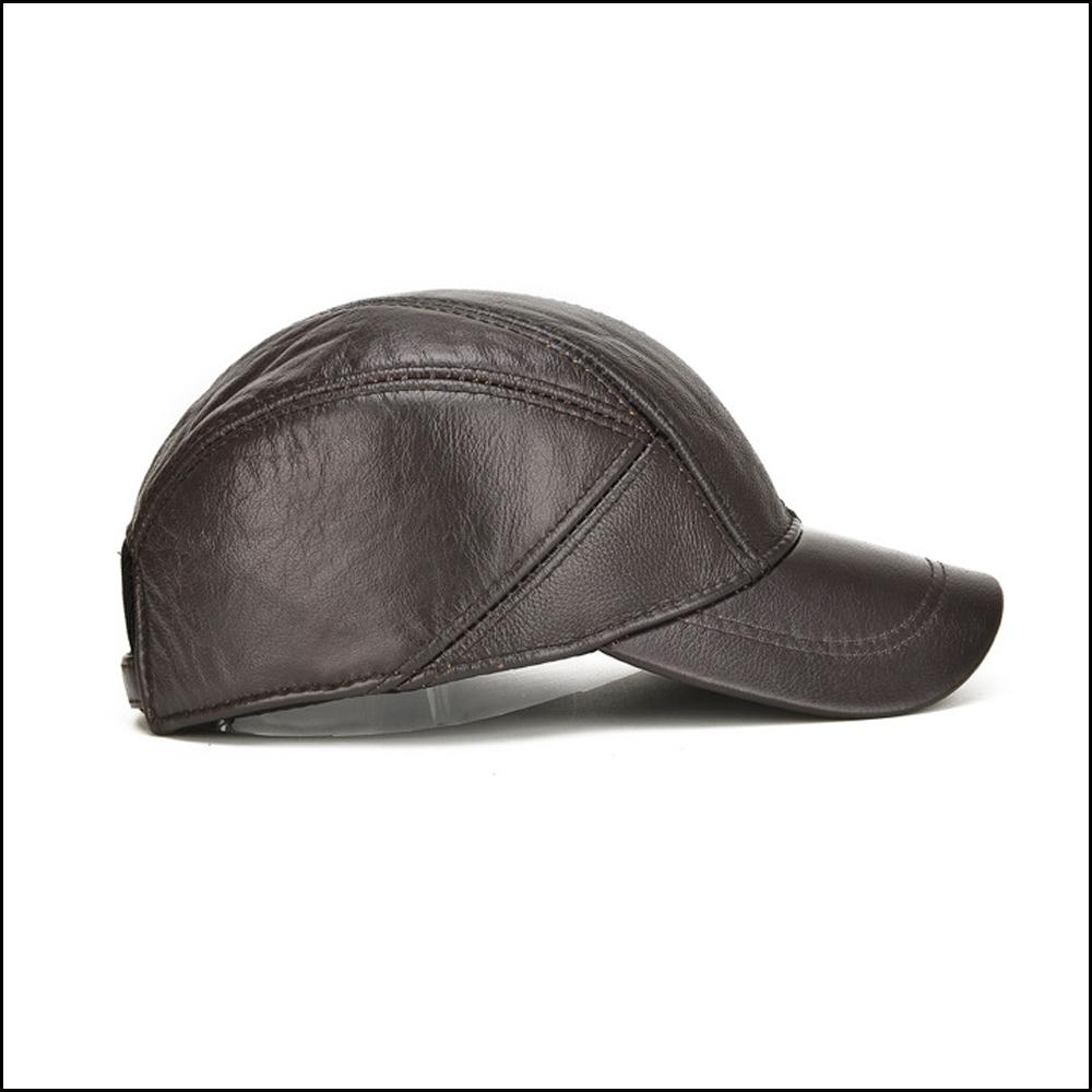 New Men Casual Real Leather Earflap Cap Men Real Cowhide Leather Caps Male Fall Winter Genuine Real Cow Leather Baseball Hats