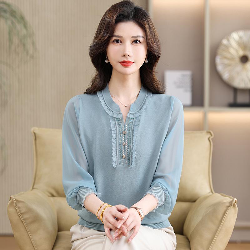 

Spring Lace Beaded Mesh Sleeve Knitted Ice Silk T-Shirt for Middle-Aged Women 3XL (Recommended 120-140 catties)