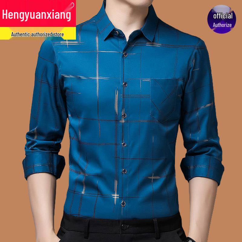 Hengyuanxiang Men's Autumn Plaid Long Sleeve Iron-Free Casual Shirt