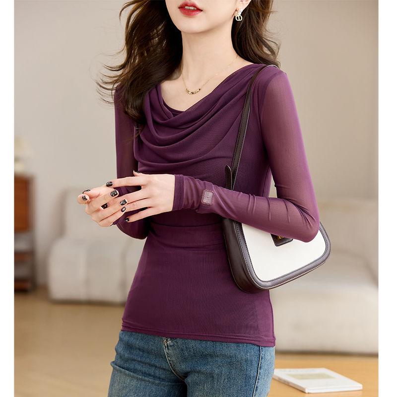 Autumn Elegant Slimming Blouse Women Long Sleeve Mesh Tops Fashion Drape Neck Slim Fit Tee Basic Shirt