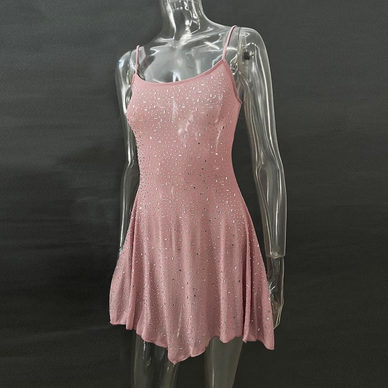 Party Rhinestone Semi Transparent Suspender Short Dress