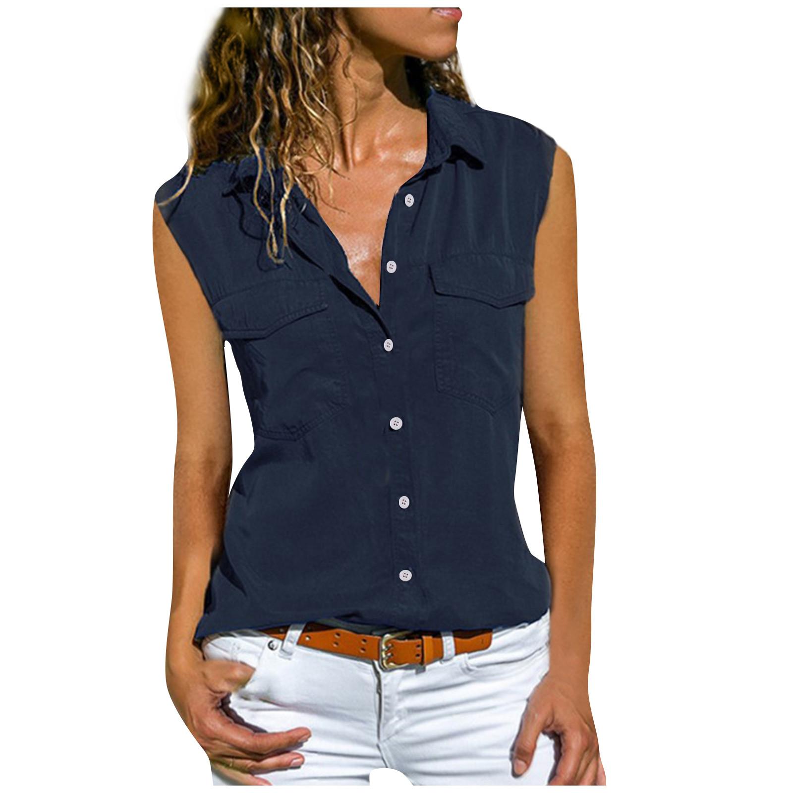 

Женская повседневная однотонная рубашка без рукавов с карманами и лацканами L тёмно-синий