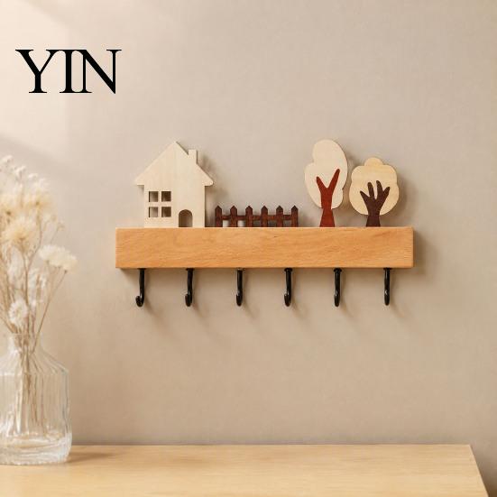 Heavy Duty Key Hanger Wooden Holder, Solid Wood Organizer with 6 Hooks, Modern Kitchen Tool Wall Mounted for Entryway And Office Storage