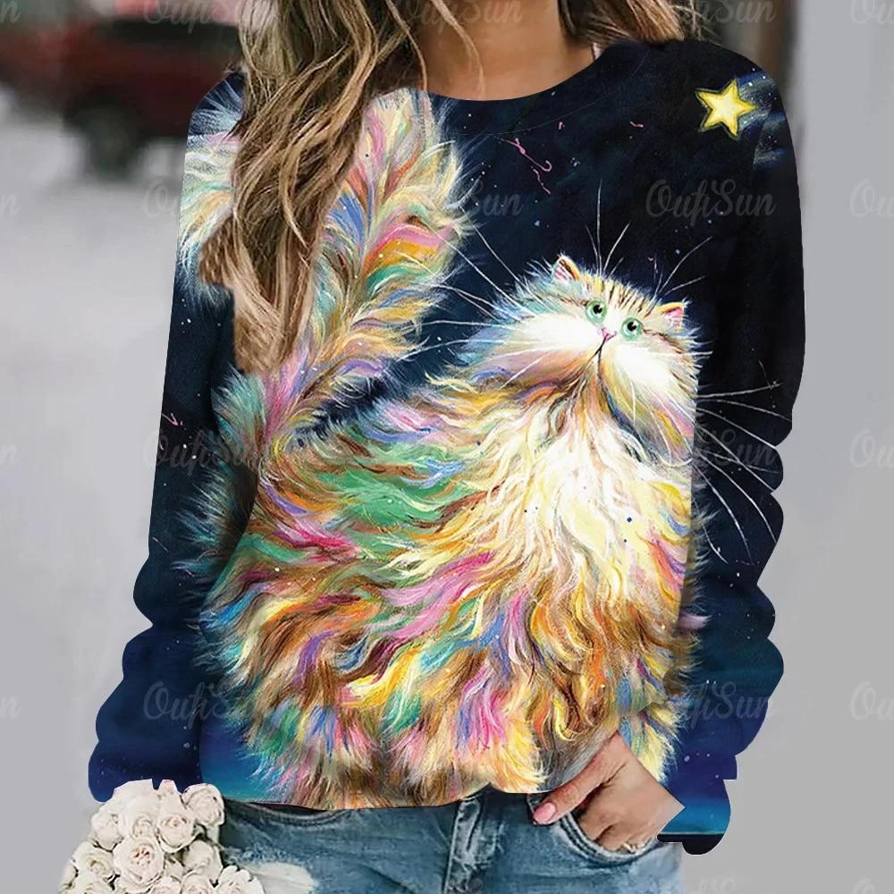 Dámské tričko Anime Kočičí potisk Topy s dlouhým rukávem Vintage svetr Bavlna s výstřihem do tvaru Y2k Dámské oblečení Oversized Street Pullover