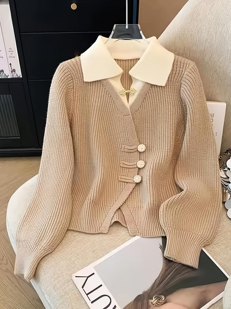 Elegant beige damecardigan med ribbestrikket detalj - Lett luksus, varm og stilig åpen genser for høst og vinter, Høst Vinter Bekledning|Ribbestrikket Cardigan