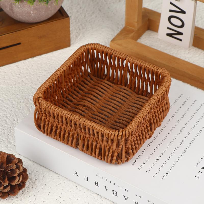 Imitation Rattan Wicker Basket Fruit Tea Snack Bread Basket Cosmetic Square Storage Box Household Kitchen Supplies