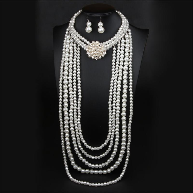 Elegant Faux Pearls Collar Bib Necklace Earrings Fashionable Beaded Jewelry Set Multilayered Strand Accessory for Women