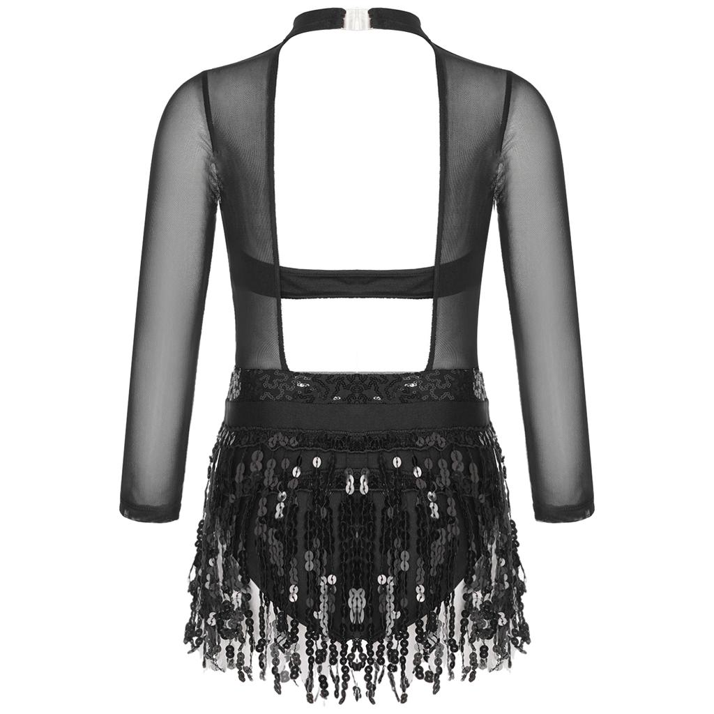 Robe de Danse Filles Paillettes Brillantes Ourlet à Franges Style Patchwork Maillots de Bain Tenues de Danse Vêtements de Scène