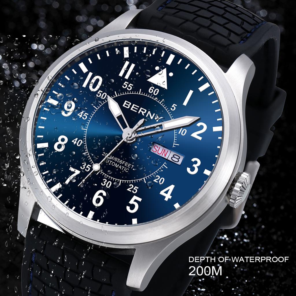 BERNY Automatic Aviation Men's Watch 100% Original Top Sapphire Luminous Big Size Diver Watch 200M Top Mechanical Watch for Men