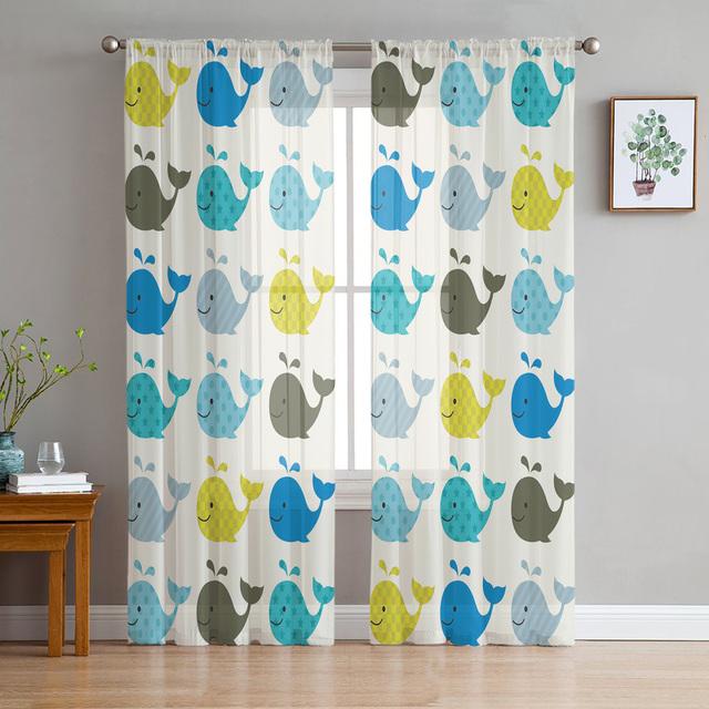 Whale Animal Illustration Tulle Curtains For Living Room Decoration Modern Chiffon Sheer Voile Kitchen Curtain