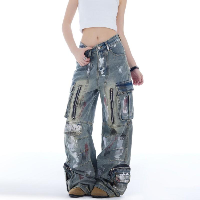 Womens American Retro Graffiti Pocket Wide Leg Jeans High Waist Straight Work Pants Streetwear