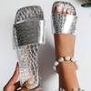 Mode Mode Silberne Sandalen mit eckiger Zehenpartie Damen Sommer Sexy Slipper Flache Absätze Hausschuhe Damen Silbernes Alligatormuster Schuhe Damen